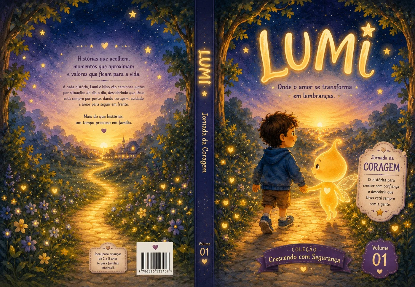 Capa e contracapa do livro infantil Nino e Lumi, com o menino Nino e a estrelinha Lumi num caminho iluminado